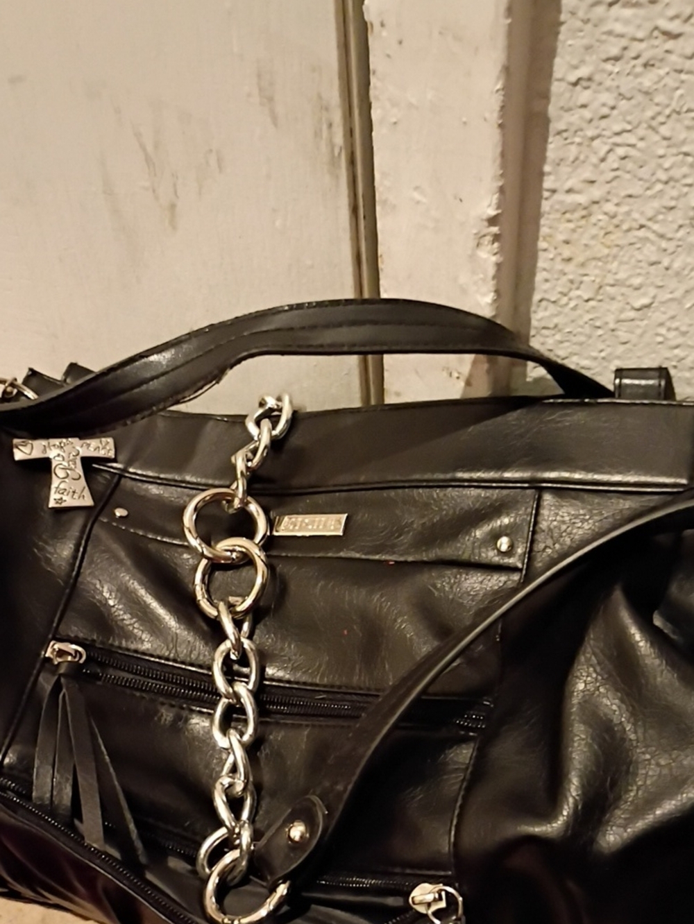 Black Faux Leather Shoulder Bag with Silver Chain Accent